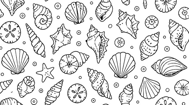 Detailed black and white seashell illustration pattern.
