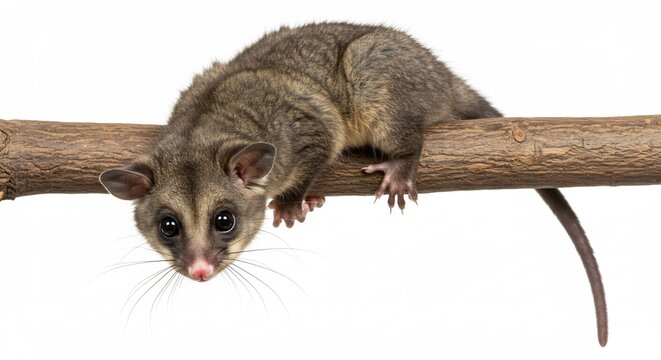 Young grey possum peering from a wooden branch in a high key studio shot with brilliant white background. AI Generated
