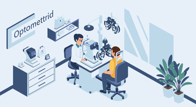 Two optometrists examine a patient in a modern clinic office setting