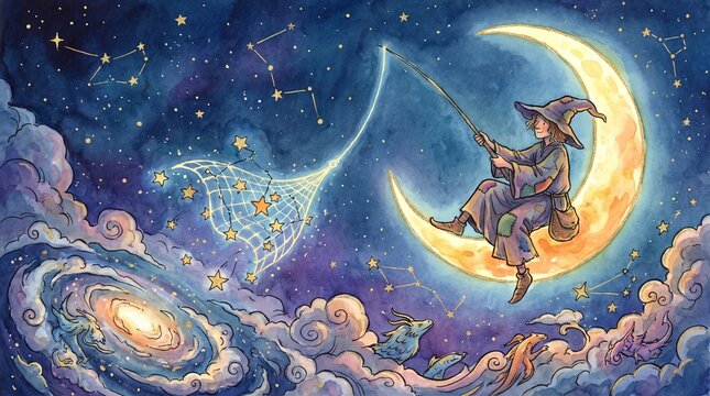 A whimsical illustration of a young wizard sitting on a crescent moon fishing for stars in the night sky.
