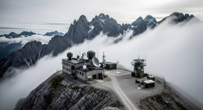 Military outpost on high mountain top with radar and satellite dish. Strategic surveillance complex above clouds. Defensive communications base for national security and defense monitoring.