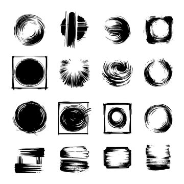 Set of abstract black grunge shapes. Vector textured circles, squares and spirals drawn with a dry brush