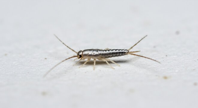 A shimmering silverfish insect crawls on a bright white surface in a detailed macro shot.. AI Generated