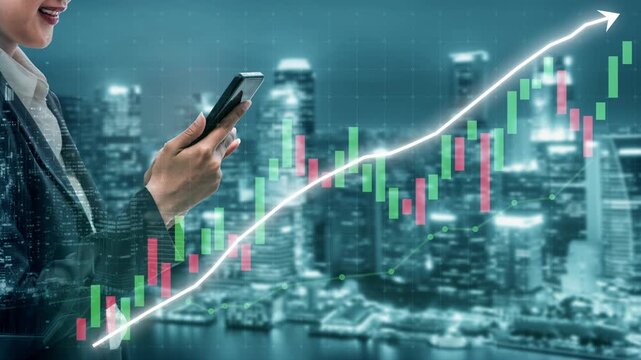A businesswoman checks her smartphone for market trends, showcasing a rising graph in an urban landscape, representing financial growth and investment opportunities. Copula
