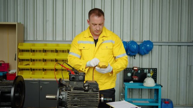 Professional male electrician in a yellow safety uniform testing an industrial electric motor with a digital multimeter in a workshop. Equipment maintenance, repair, and factory safety check concept.