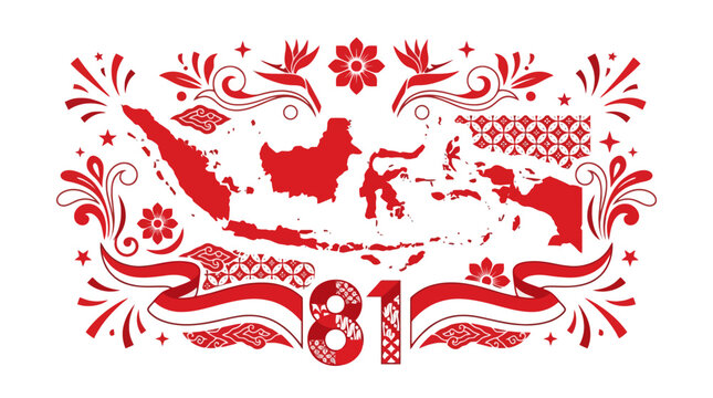 Indonesian map illustration with batik ornaments and number 81 for independence day. EPS Editable. Vector Illustrations.