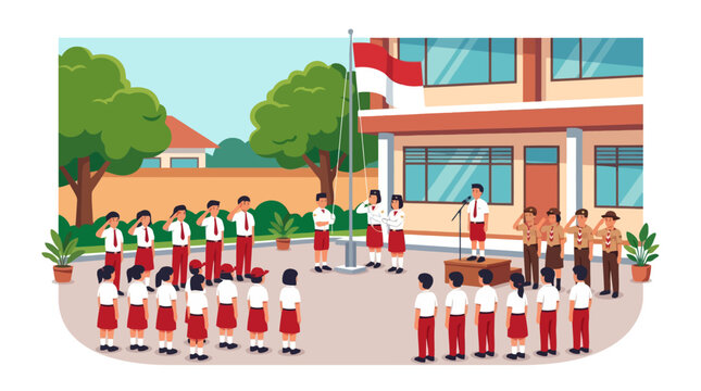 Indonesian school students saluting the national flag during a ceremony in the school yard vector illustration. EPS Editable. Vector Illustrations.