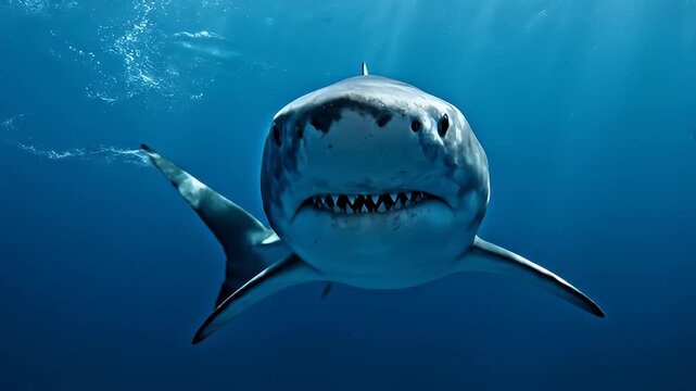 Front view of a great white shark swimming in deep blue ocean water, a powerful marine predator in the wild