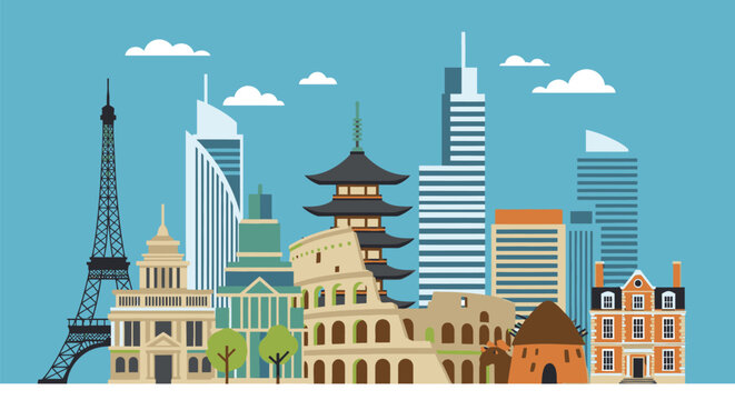 A panoramic view of various iconic buildings and landmarks from around the world standing tall in a cityscape with clear blue sky and fluffy clouds.
