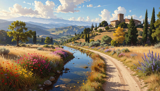 Scenic Tuscany Landscape with Stone Villa River and Wildflowers