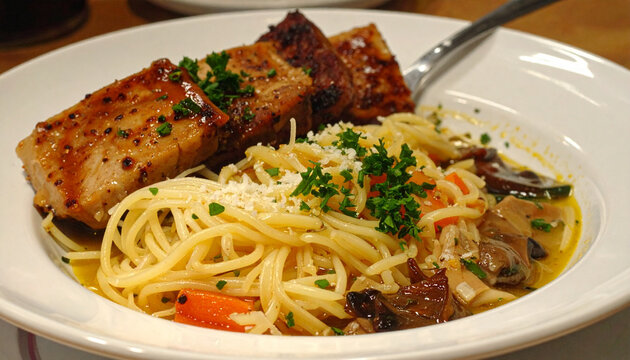 Gourmet Spaghetti Pasta with Grilled Tuna Steaks and Fresh Herbs