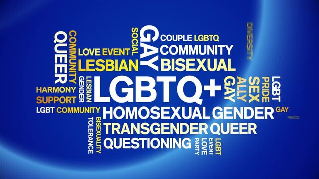 LGBTQ+ animated word cloud-text design animation tag kinetic typography seamless loop.