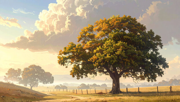 Golden Sunset over Rural Landscape with Large Oak Tree and Fence