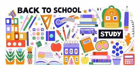 Naklejka premium School supplies and learning objects colorful vector illustration