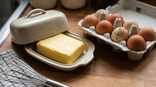Close-up of fresh baking ingredients with a block of butter in a ceramic dish, a carton of chicken and quail eggs, and a wire whisk on a wooden kitchen countertop, representing domestic baking