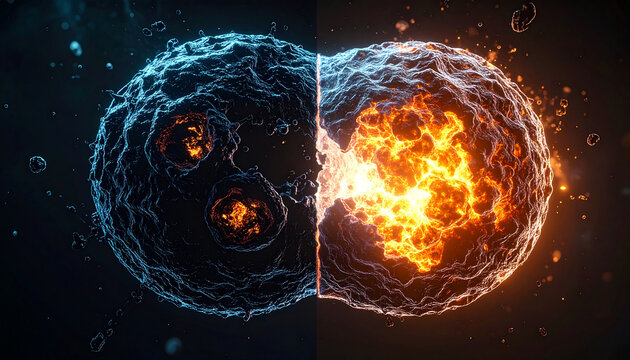 Cell Division and Contrast: A visual representation of cellular division, showcasing the stark contrast between a cool, blue, seemingly inert cell and a vibrant, fiery.