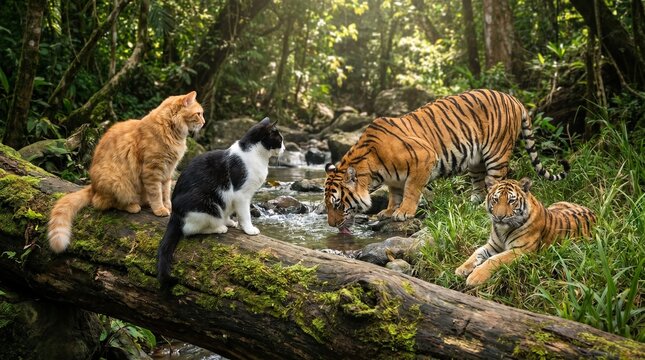 Creative conceptual illustration of two domestic cats sitting on a mossy log meeting two wild tigers by a stream in a lush green rainforest, representing big cat versus small cat comparison
