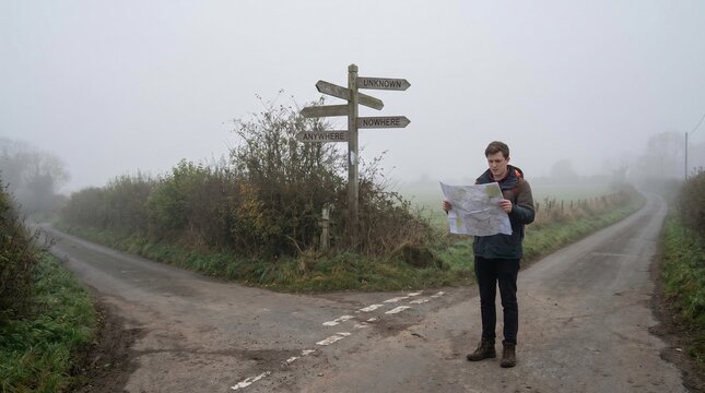 Man traveler reading a paper map at a foggy road intersection standing near a wooden signpost pointing to Unknown, Nowhere, and Anywhere, representing career choice decision making, life crossroads