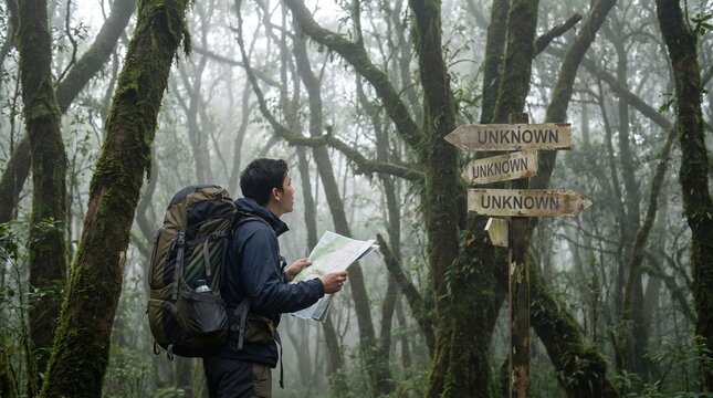 Asian man hiker carrying backpack holding paper map looking at wooden signpost with multiple arrows pointing to UNKNOWN in foggy mossy forest, representing career uncertainty, life direction