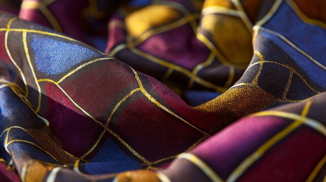 Extreme macro of African wax print textile folds with vivid colors