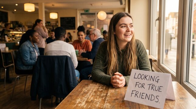 Happy young woman sitting at a coffee shop table looking out the window near a paper sign reading LOOKING FOR TRUE FRIENDS, representing social connection, friendship, networking