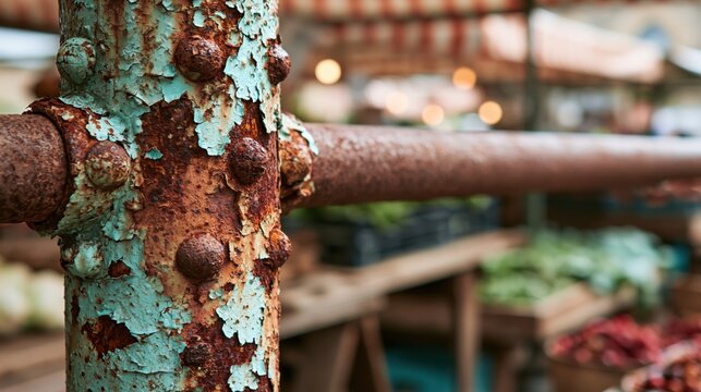 Rustic industrial metal pipe frame with peeling mint paint and ample blank copy space for editorial background web banner design