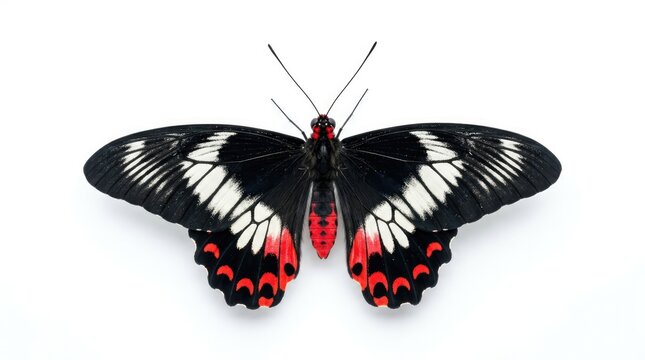 A striking black, white, and red butterfly with intricate patterns on its wings, showcased against a clean white background. This detailed macro shot highlights the delicate beauty of this insect