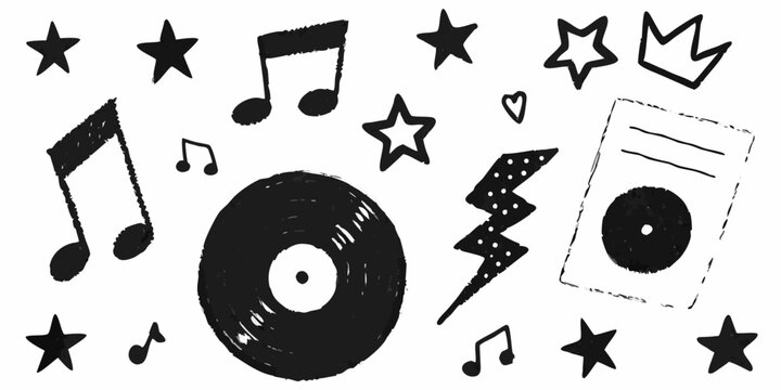 Hand Drawn Music Doodles Featuring Vinyl Record And Musical Notes