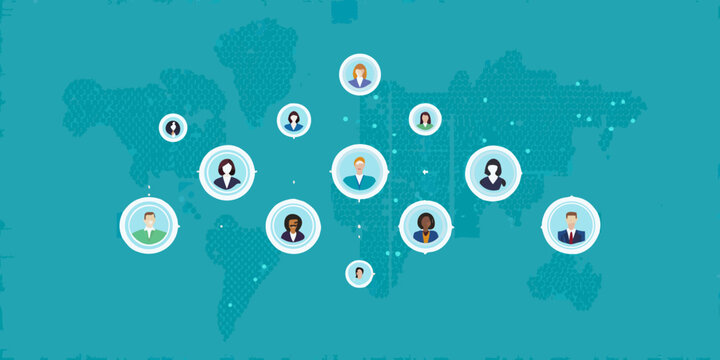 Global Network Illustration With Circular Portraits And World Map Background