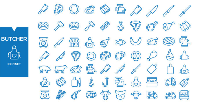 Butcher Icon Set: A comprehensive collection of line art icons representing various butcher shop tools, ingredients, and services, perfect for culinary and food industry projects.