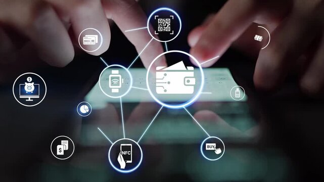 Digital wallet icons show mobile payment, digital wallet transfer, and online banking. Digital wallet supports secure payment, cashless transactions, and financial integration. Funnel