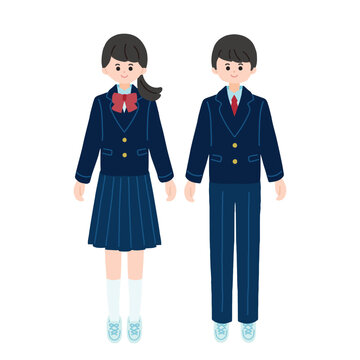 ブレザーの制服を着た女子学生と男子学生の全身イラスト