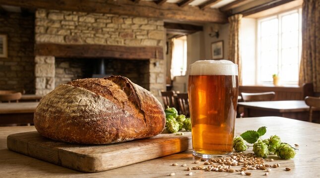 Pint of golden craft beer with foam, artisan sourdough bread loaf, fresh hops, and barley grains on a wooden table in a rustic pub, representing traditional brewery, baking, and pub culture concept