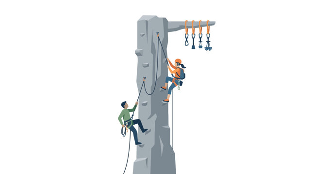 Vector illustration of two climbers scaling a stone pillar with climbing gear. EPS Editable. Vector Illustrations.