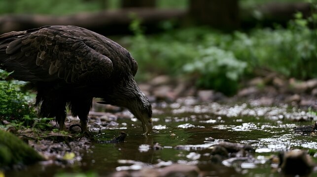 An elusive eagle drinks peacefully from a clear stream during the tranquil early morning light