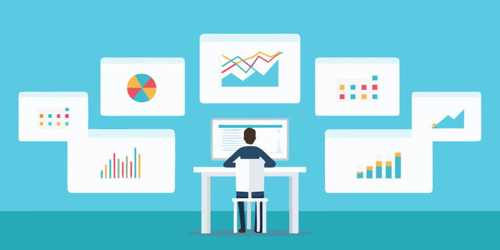 Data analysis illustration with charts and a person at a desk
