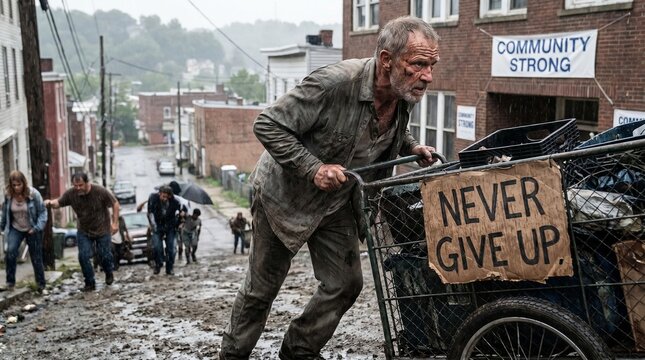 Determined senior man pushing heavy cart with NEVER GIVE UP sign uphill through muddy street after disaster with community strong background banner, representing resilience, hope, recovery
