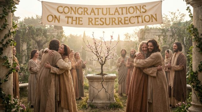Group of biblical people in ancient robes embracing happily under a banner reading CONGRATULATIONS ON THE RESURRECTION in a garden, representing Easter celebration, rebirth, faith, and religious
