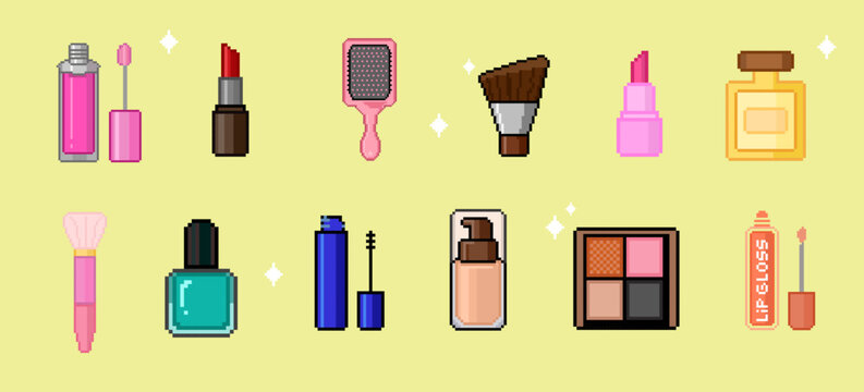 Cosmetic artwork in a gaming style, pixel art, hand-drawn vector artwork for icons, websites, and games.