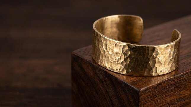 Elegant hammered gold brass cuff bracelet resting on dark wooden block, representing luxury handmade jewelry, craftmanship, accessory design, and minimalist product photography concept