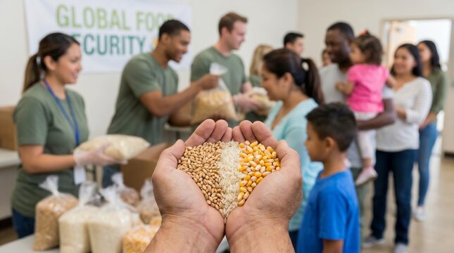 Hands holding mixed raw grains wheat rice and corn in front of volunteer food drive distribution event with GLOBAL FOOD SECURITY banner, representing hunger relief, charity donation, and food supply