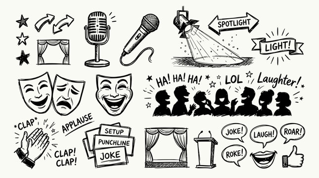 Comedy Show Icons: Microphone, Spotlight, Laughter, Masks, Clapping Hands, Stage