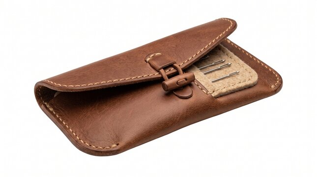 Handcrafted Brown Leather Tool Case and Organizer Pouch with Wooden Toggle Closure on White Background