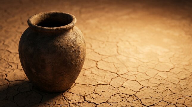 Ancient clay pot urn standing on dry cracked earth ground in arid desert landscape, representing drought, water scarcity, historical artifact, and climate change concept