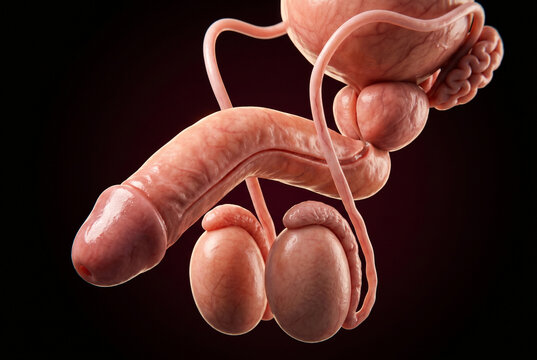 Anatomical 3D rendering of the male reproductive system showing prostate and urethra for medical educational materials