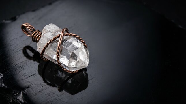 Wire wrapped clear quartz crystal point pendant on dark reflective black stone background, representing handmade bohemian jewelry, esoteric healing, and mystic spiritual accessory concept