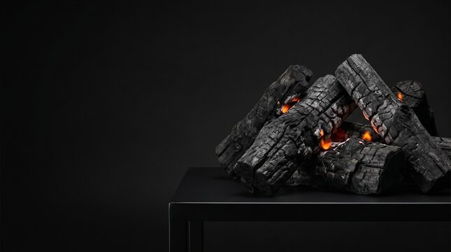 Glowing burning charcoal wood logs with glowing embers on black pedestal table isolated on dark background, representing barbecue fire, heat energy, cooking charcoal, and minimalist product display