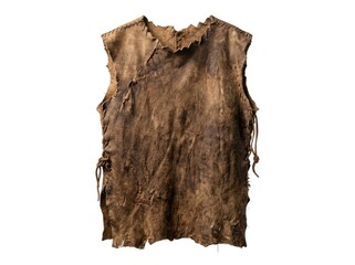 Fototapeta premium An ancient, rough-hewn leather vest, showing signs of wear and tear, with ties on the side. The vest has a primitive, rugged aesthetic