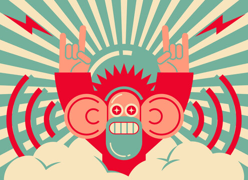 Flat vector illustration of a cool energized monkey with big ears listening to loud sound waves, enjoying music, gesturing rock and roll sign against a retro sunburst background
