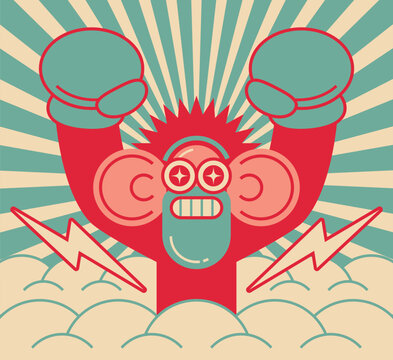Retro pop art flat vector illustration of a cool energized monkey with big ears and star eyes wearing boxing gloves against a sunburst background.
